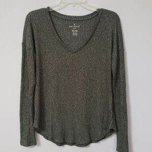 American Eagle Outfitters Top Womens M Soft and Sexy Rib Knit V Neck Olive Green